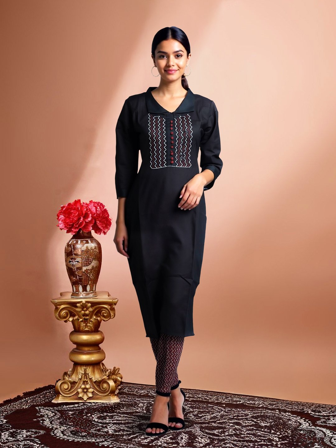 Picture of Black with Red Straight Collar Kurta Pant Set